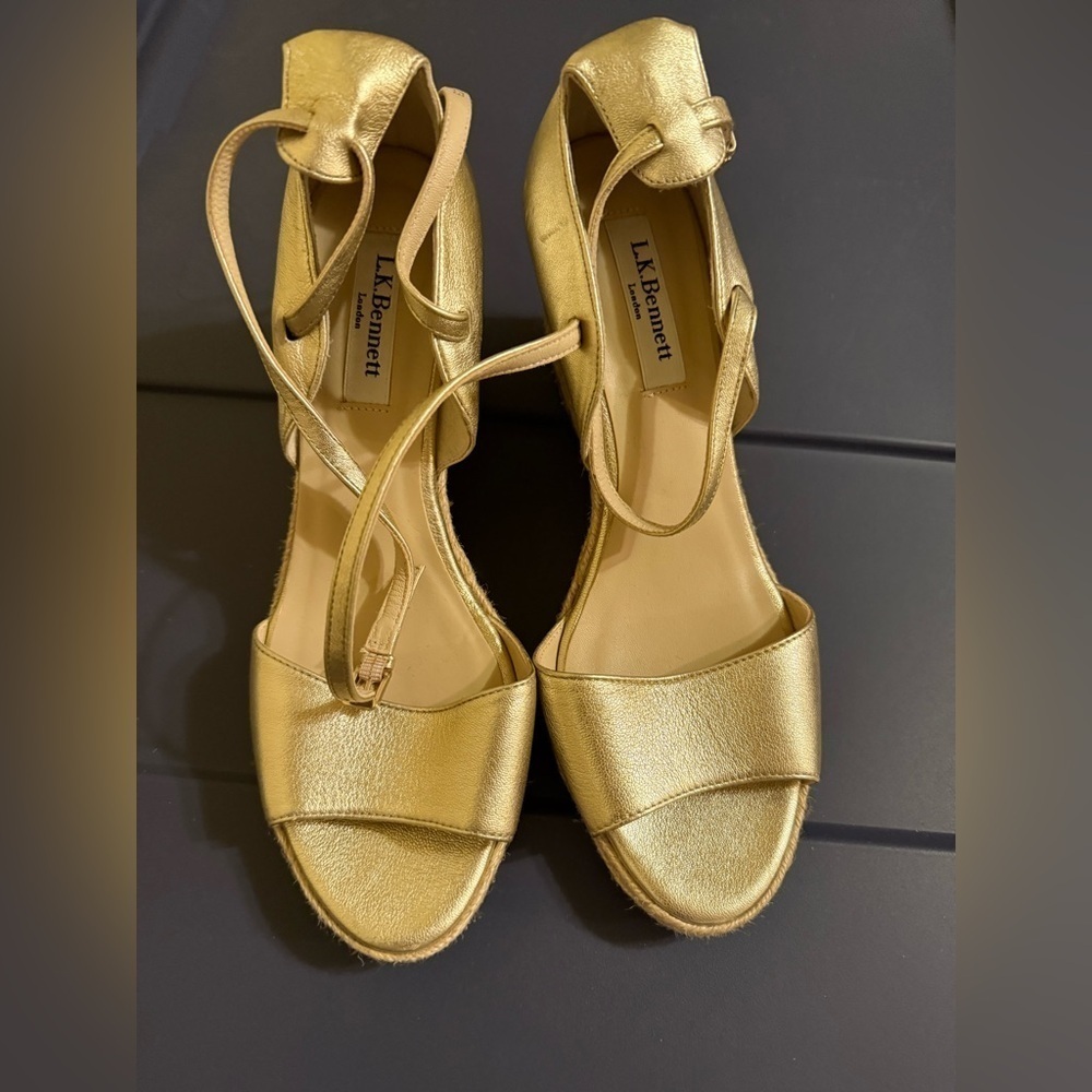 LK Bennett Metallic Gold Leather Wedge Sandals